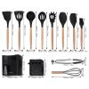 13 Pcs Outdoor Camping Utensils Set, Non Stick Silicone Cookware Set with Heat Resistant Wooden Handle, Safe Odorless Picnic Utensils with Rack Storage Box for Hiking Camping Cooking view 2