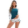IKADEX Women Rash Guard Long Sleeve Swimsuit Floral Print Swim Top Shirt + Shorts 2pcs Surfing Bathing Suit Peacock Green XXL view 4