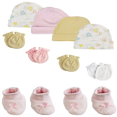 bambini Preemie Baby Girl Caps with Infant Mittens and Booties - 10 Pack NC_0208 by Miracle USA White/Pink