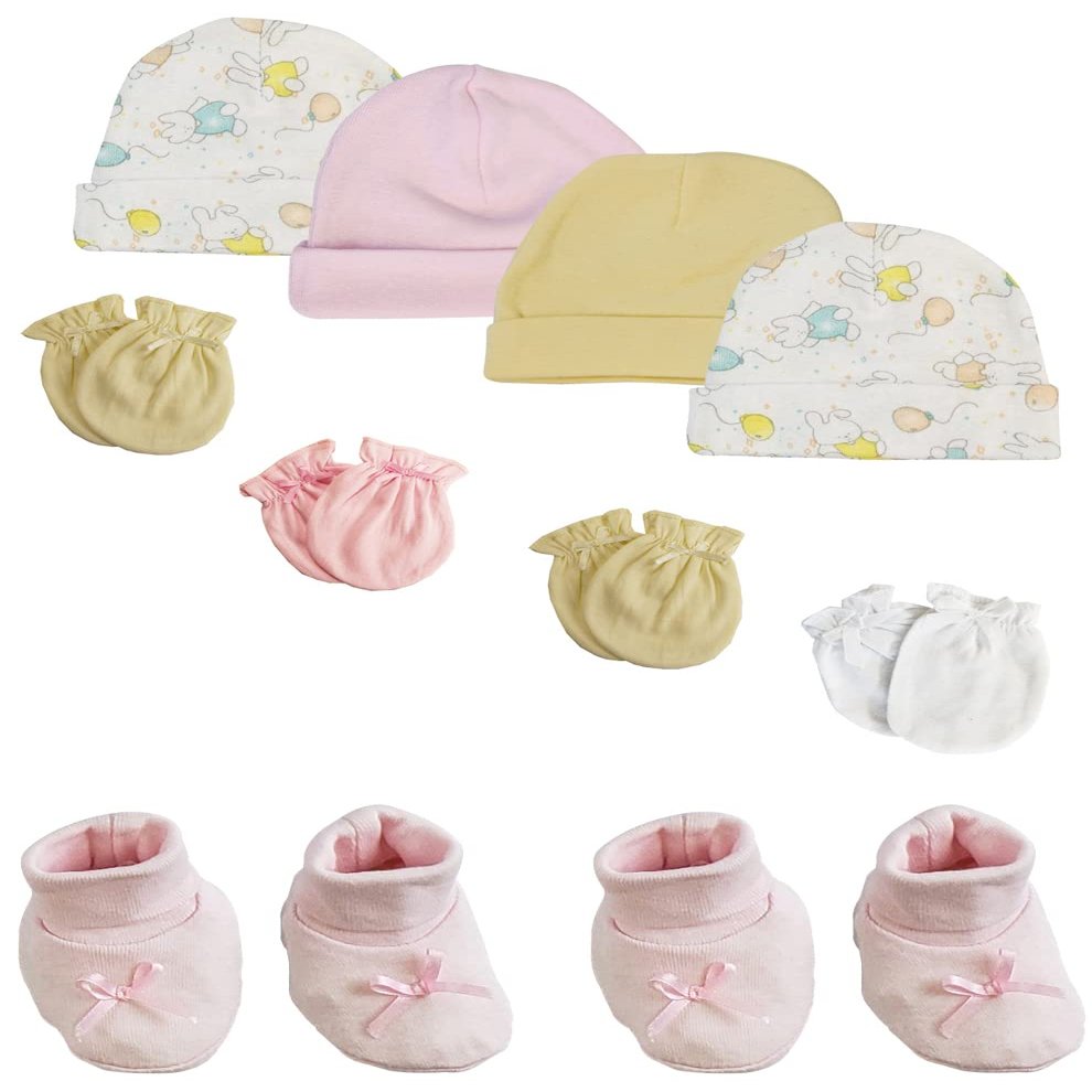 bambini Preemie Baby Girl Caps with Infant Mittens and Booties - 10 Pack NC_0208 by Miracle USA White/Pink