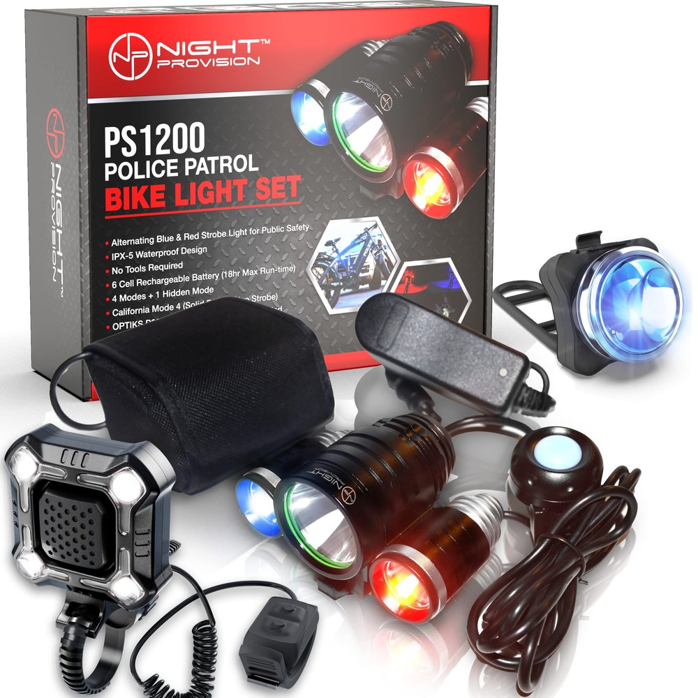 PS1200 Front & Rear Police Patrol Bike Light with ZIREN-140db Bike Horn - Red/Blue Strobe LED - Rechargeable - Water Proof - 5 Modes - for Professional Use Only