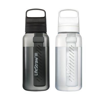 LifeStraw Go Series BPA-Free Water Filter Bottle for Travel and Everyday use removes Bacteria, parasites and microplastics, Improves Taste, 1L 2-Pack; Nordic Noir and Clear