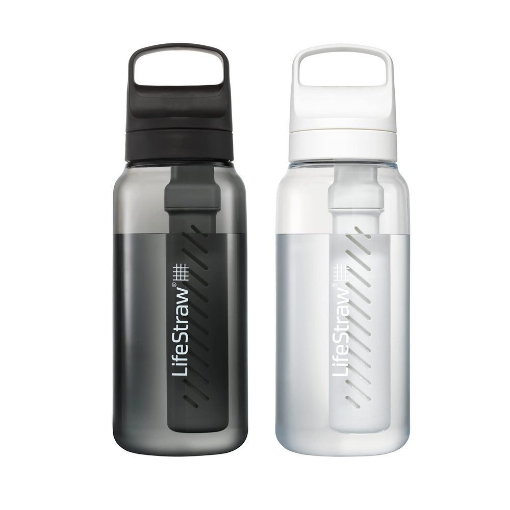 LifeStraw Go Series BPA-Free Water Filter Bottle for Travel and Everyday use removes Bacteria, parasites and microplastics, Improves Taste, 1L 2-Pack; Nordic Noir and Clear
