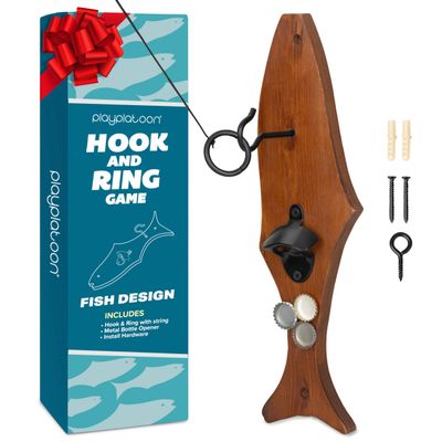 Play Platoon Hook and Ring Game with Bottle Opener and Magnetic Cap Catch - Wood Ring Toss Game for Adults, Fish Tiki Design