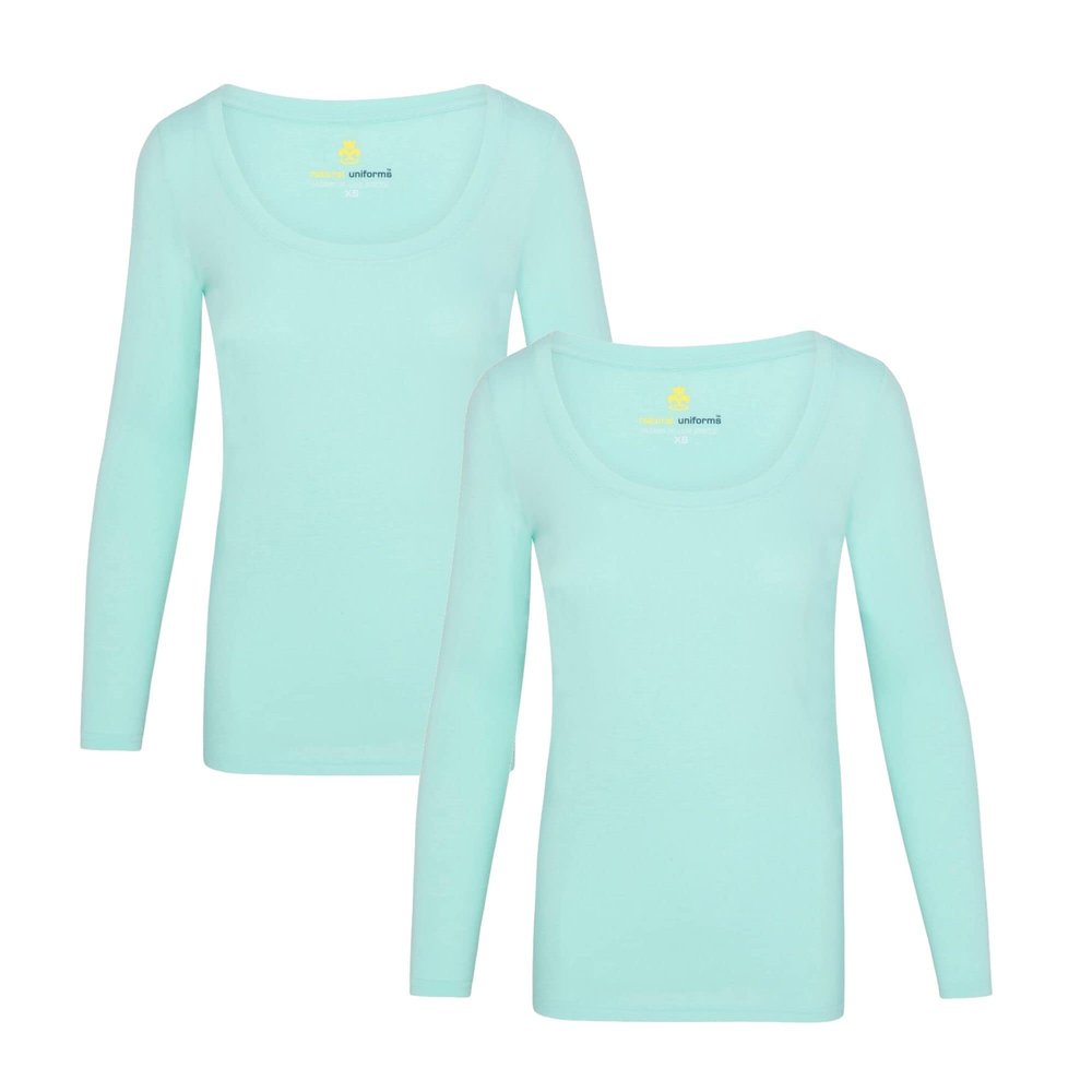ACTIVE UNIFORMS Women's Long Sleeve Extra Wide Scoop-Neck T-Shirt Under Scrub 2 Pack (Aqua, X-Small)