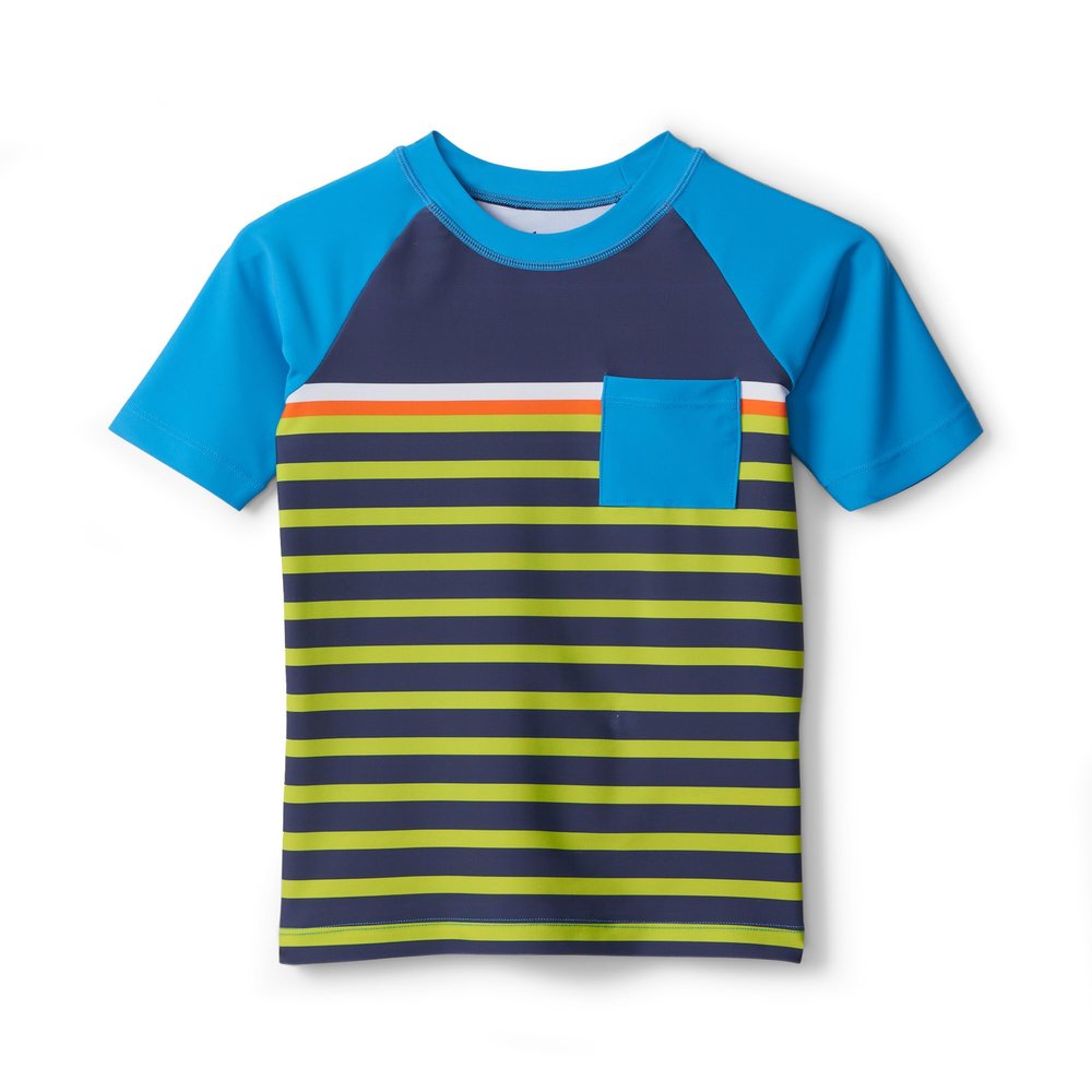 Hatley Boys Swim Short Sleeve One-Piece Rashguard, Fish Stripes, 4 Years
