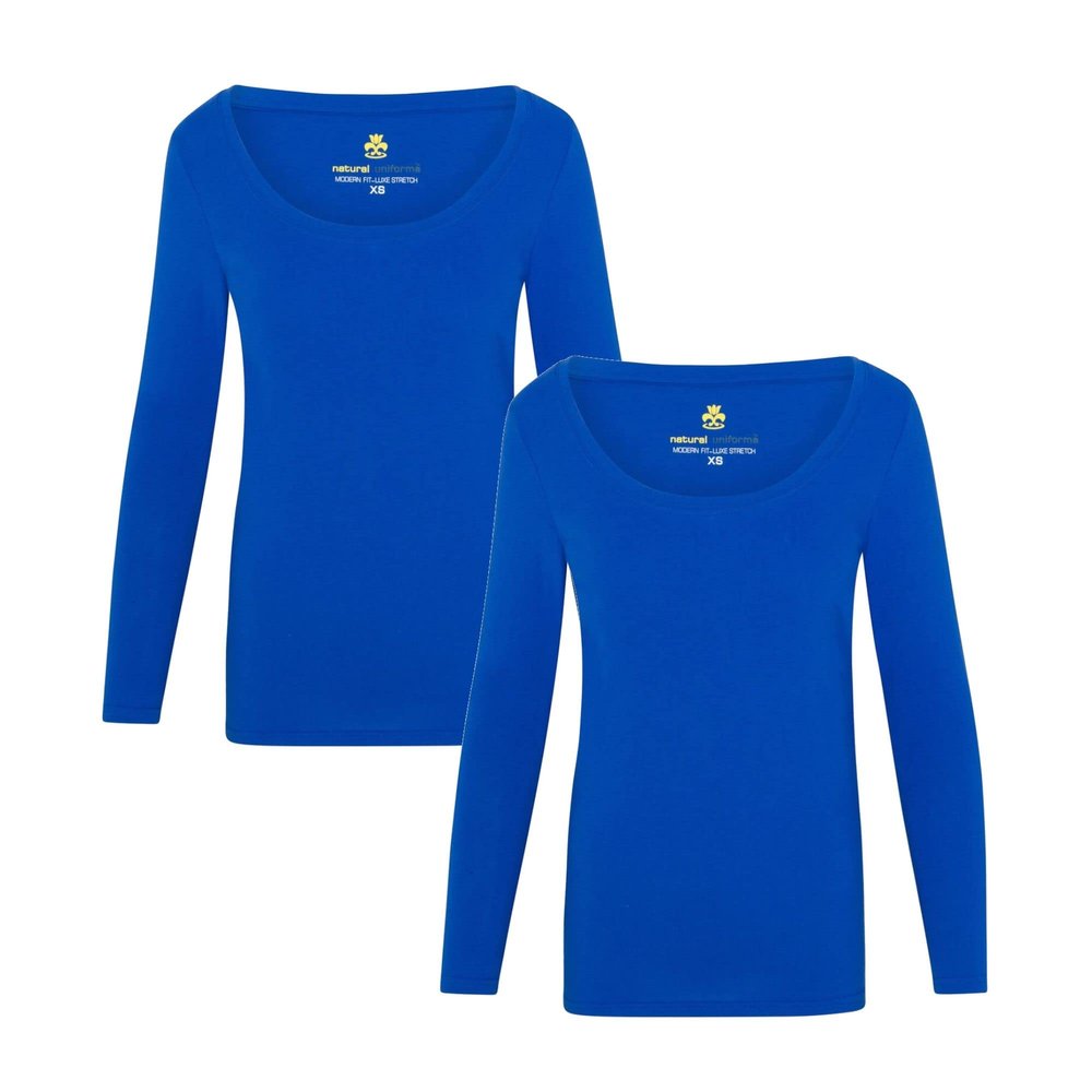 ACTIVE UNIFORMS Women's Long Sleeve Extra Wide Scoop-Neck T-Shirt Under Scrub 2 Pack (True Royal Blue, Small)