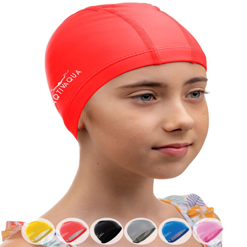 AqtivAqua Swim Cap for Kids 6-14 Swim Cap Kids Swimming Cap Girls Boys Youth Hat (Red Color, Kids Size)