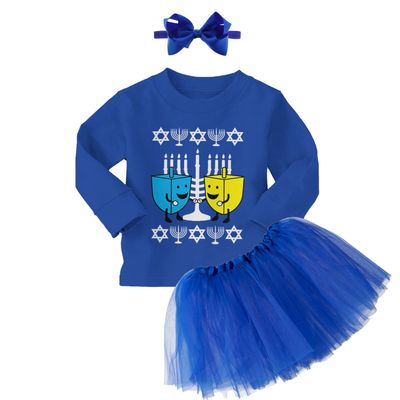Haase Unlimited Happy Dreidels - Hanukkah Menorah Lights Long Sleeve Toddler T-Shirt + Tutu Skirt + Bow Headband Set (Long Sleeve Royal Blue T-Shirt/Royal Blue Tutu, 3T)