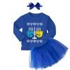 Haase Unlimited Happy Dreidels - Hanukkah Menorah Lights Long Sleeve Toddler T-Shirt + Tutu Skirt + Bow Headband Set (Long Sleeve Royal Blue T-Shirt/Royal Blue Tutu, 3T) view 1