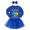Haase Unlimited Happy Dreidels - Hanukkah Menorah Lights Long Sleeve Toddler T-Shirt + Tutu Skirt + Bow Headband Set (Long Sleeve Royal Blue T-Shirt/Royal Blue Tutu, 3T) view 2