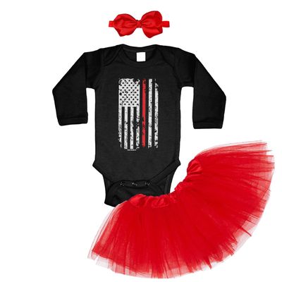 Haase Unlimited Red Line American Flag - Support Firefighters Toddler T-Shirt + Tutu Skirt + Bow Headband Set (Long Sleeve Black Bodysuit/Red Tutu, 12 Months)