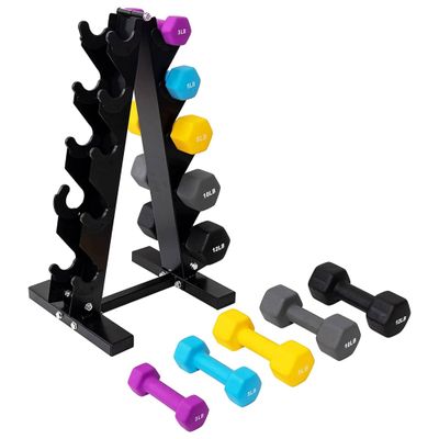 BalanceFrom Neoprene Coated Iron Dumbbell Hex Weights Set with Stand Color-Coded or Black Options with Non-Slip Grip for Strength Training, Resistance Workouts, and Home Gym Fitness