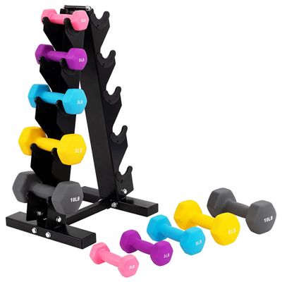 BalanceFrom Colored Neoprene Coated Dumbbell Set with Stand, 56-Pound Set (5 Pairs of 2lbs, 3lbs, 5lbs, 8lbs and 10lbs)