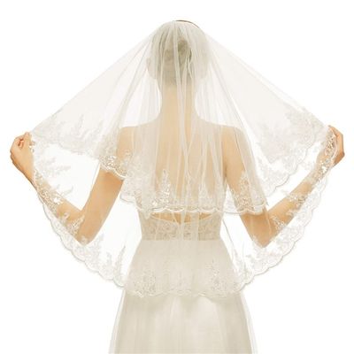 Bridal White Ivory Tulle Short Wedding Veil Band Sequin Beads white9