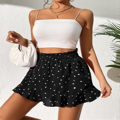 CRTGW Shorts for Women Heart Print Wrap Ruffle Hem Paperbag Waist Skort (Color : Black, Size : Large)