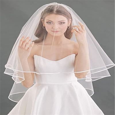 2 Tier Ribbon Trimmed Wedding Veil With Comb White
