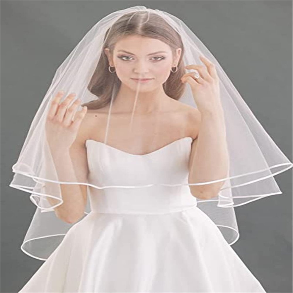 2 Tier Ribbon Trimmed Wedding Veil With Comb White