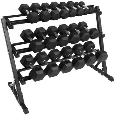 Fitvids 550LB Rubber Coated Hex Dumbbell Weight Set with 3-Tier Storage Rack, 5-50 lbs Pairs, One Package