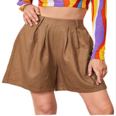 CRTGW Shorts for Women Fold Pleated Front Wide Leg Shorts (Color : Brown, Size : X-Small)