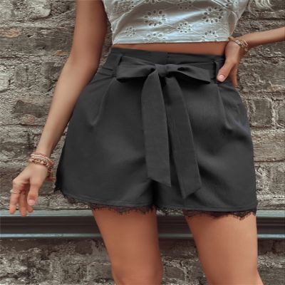 CRTGW Shorts for Women Solid Lace Trim Belted Shorts (Color : Black, Size : Large)