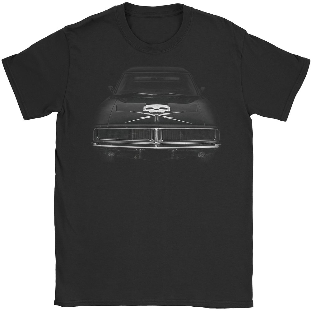 1969 Charger Muscle Car Shirt Skull Crossbones Retro Automobile Graphic Tee (L, Black)