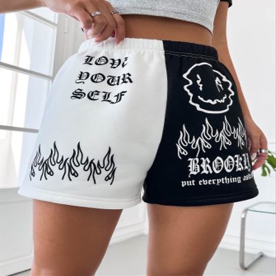 AMDMG Shorts for Women Two Tone Letter & Fire Print Shorts (Color : Black and White, Size : X-Small)