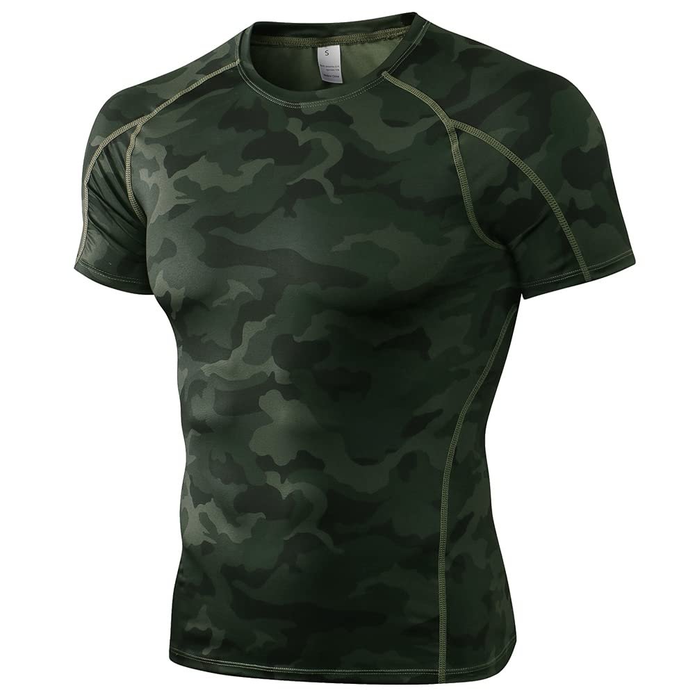 CICI FIVE Men's Compression Shirt Short Sleeve Athletic Compression Tops Cool Dry Undershirts Baselayer Gym Workout T Shirt Camo Green