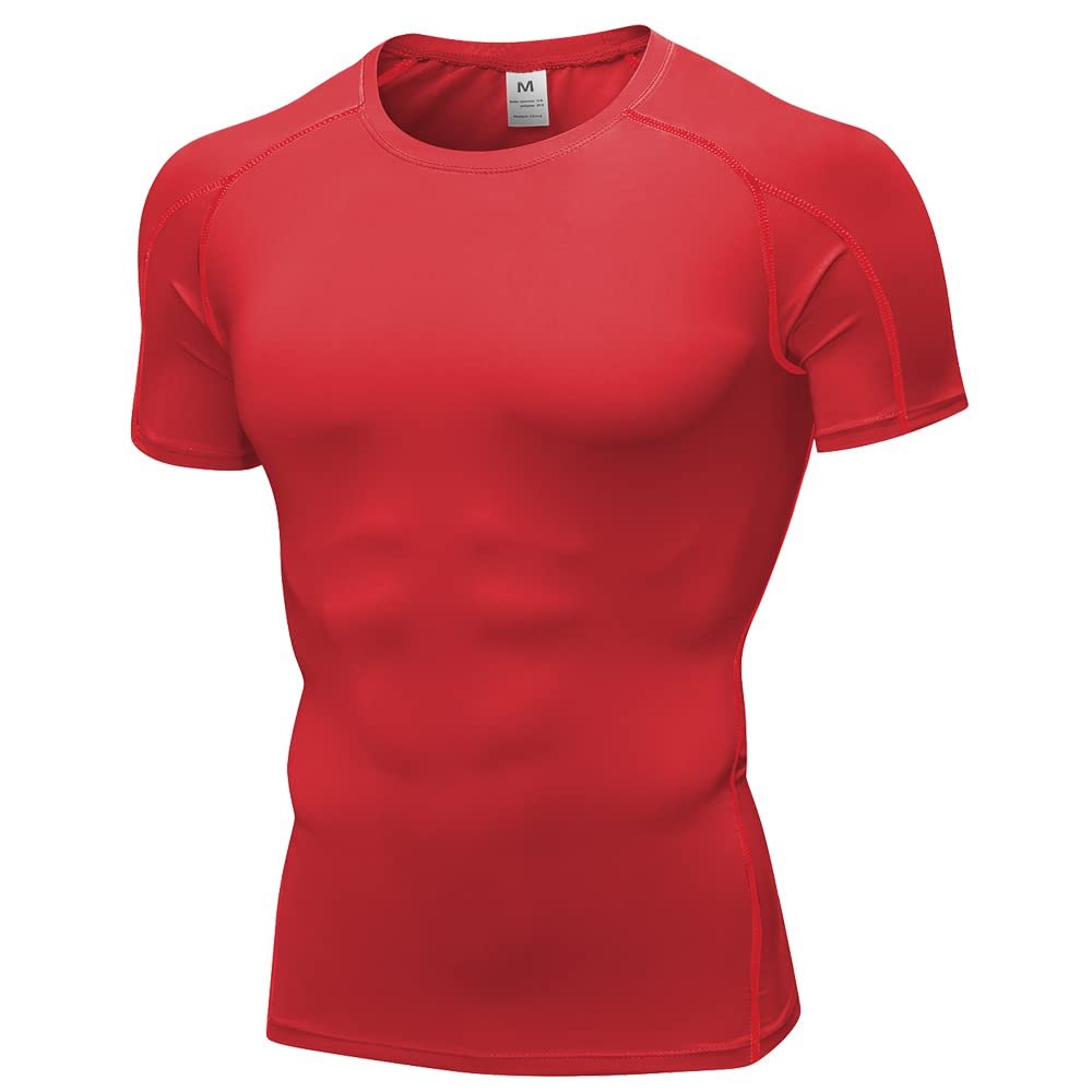 CICI FIVE Men's Compression Shirt Short Sleeve Athletic Compression Tops Cool Dry Undershirts Baselayer Gym Workout T Shirt Red
