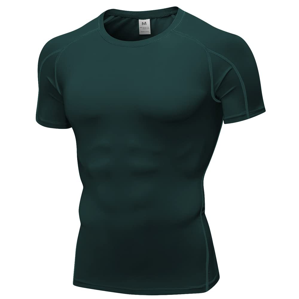 CICI FIVE Men's Compression Shirt Short Sleeve Athletic Compression Tops Cool Dry Undershirts Baselayer Gym Workout T Shirt Blackish Green