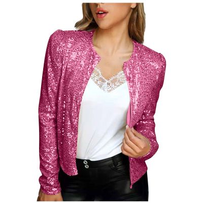Women's Sparkly Glitter Jacket Tops Going Out Cute Sexy Sequin Crop Tops Bomber Jacket Tops Party Camisole Vest Shirt