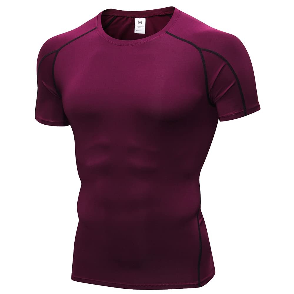 CICI FIVE Men's Compression Shirt Short Sleeve Athletic Compression Tops Cool Dry Undershirts Baselayer Gym Workout T Shirt Wine