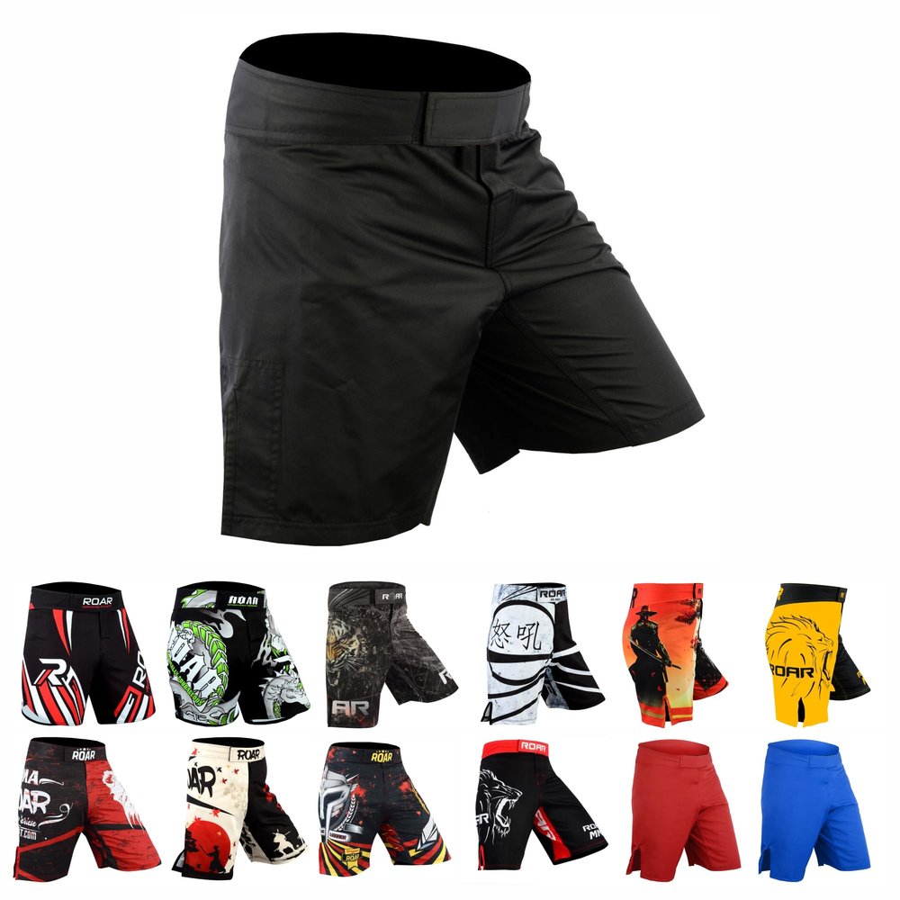 ROAR-INT MMA Grappling Shorts Kickboxing Muay Thai Shorts BJJ Gym Training Athletic Shorts (Simple-Black, Medium)
