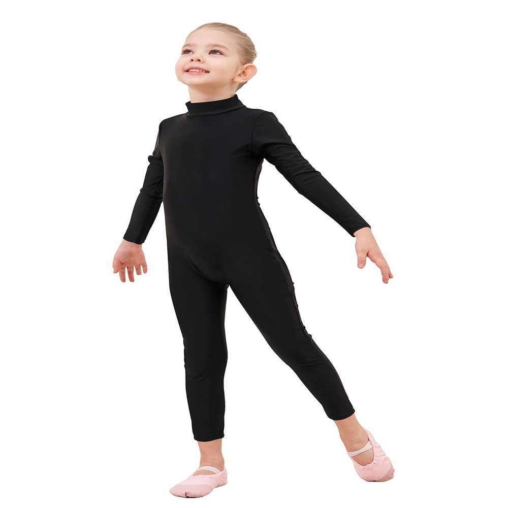Genfirdom Girls Unitards Long Sleeve Full Body Leotard Kids Turtleneck Bodysuit for Dance Costume Gymnastics 3-12 Years(Black,7-8)