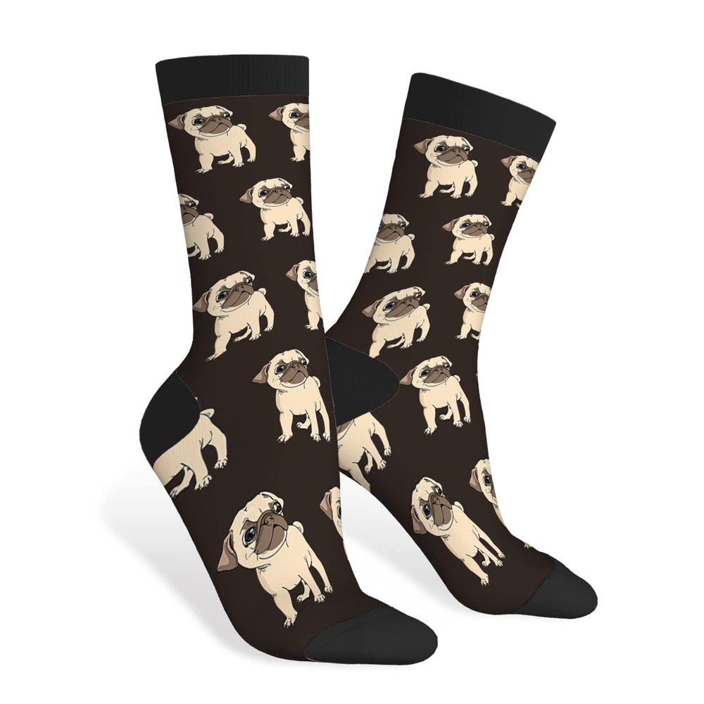 AOYEGO Beige Pug Funny Socks Cute Sad Puppy Bulldog Sit Down Funny Comic Dog Novelty Casual Crew Socks Contrast Color Design for Women Men Gift