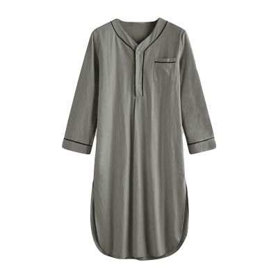 Men's Cotton Nightshirt V Neck Long Sleeve Button Down Nightgown Summer Mid-Length Henley Sleepwear Sleepshirt (Grey,XX-Large)
