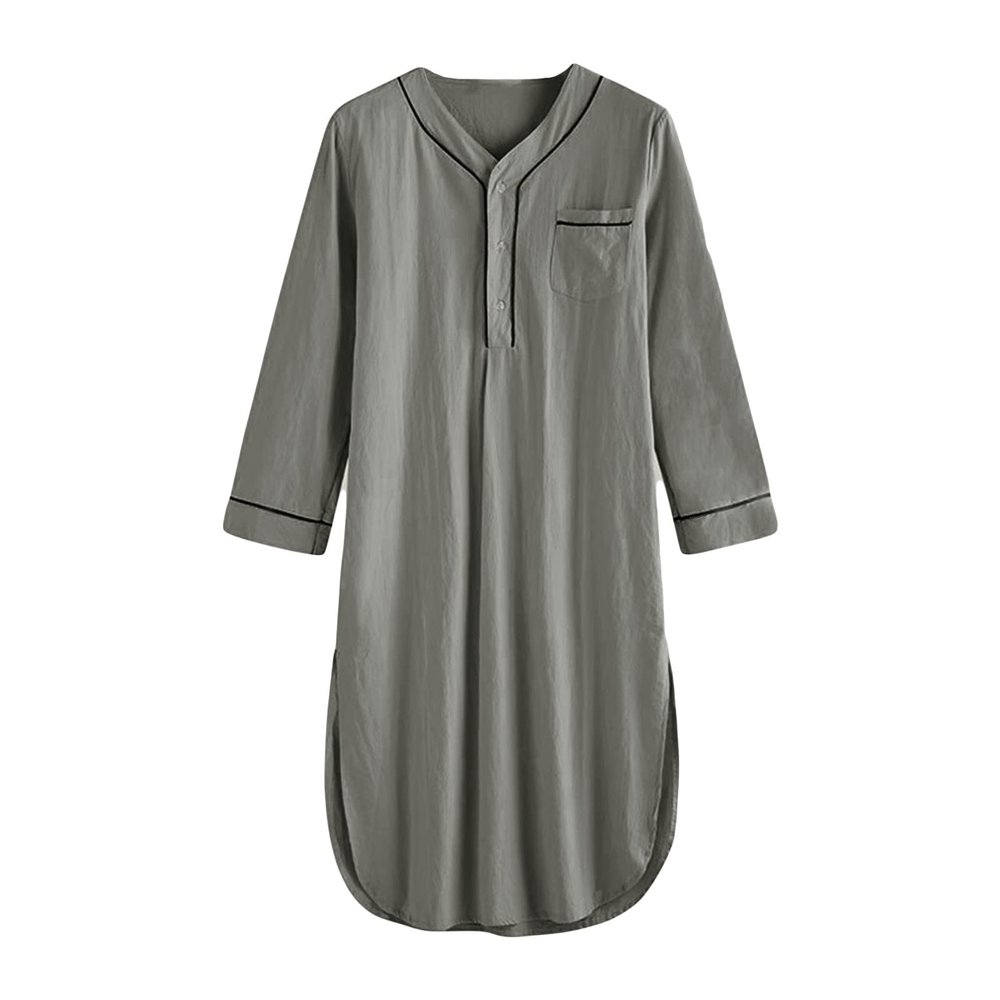 Men's Cotton Nightshirt V Neck Long Sleeve Button Down Nightgown Summer Mid-Length Henley Sleepwear Sleepshirt (Grey,XX-Large)