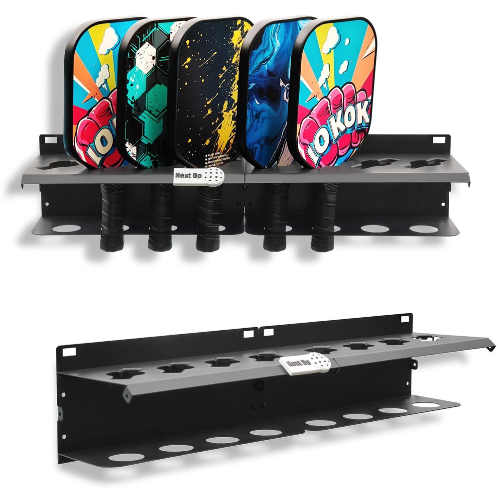 PRAMOON Pickleball Paddle Rack, 8-Paddle Holder, Multiple Racks are Spliced to Achieve Expansion, with Label to Track Next Up Players, Fence or Wall Mount, Steel, Black (2)