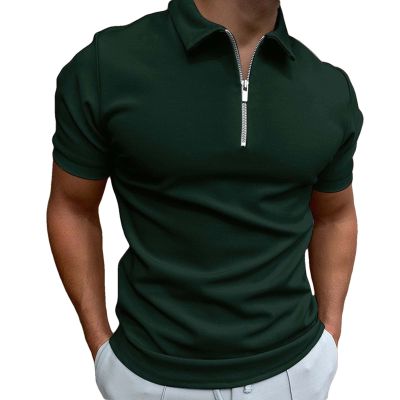 PLUMZJOY Men's Solid Color Short Sleeve Polo Shirt with Zipper, Fashionable Casual Style, Multiple Colors Available