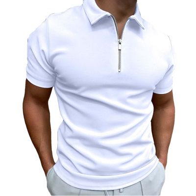 PLUMZJOY Men's Solid Color Short Sleeve Polo Shirt with Zipper, Fashionable Casual Style, Multiple Colors Available