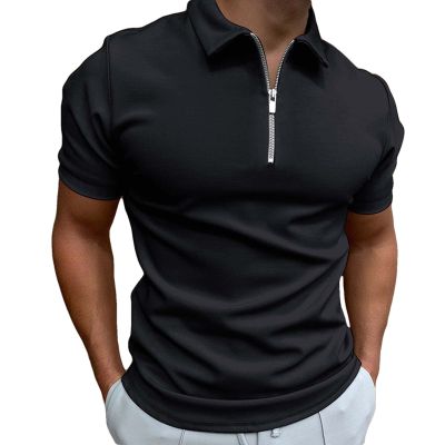 PLUMZJOY Men's Solid Color Short Sleeve Polo Shirt with Zipper, Fashionable Casual Style, Multiple Colors Available