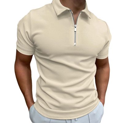 PLUMZJOY Men's Solid Color Short Sleeve Polo Shirt with Zipper, Fashionable Casual Style, Multiple Colors Available