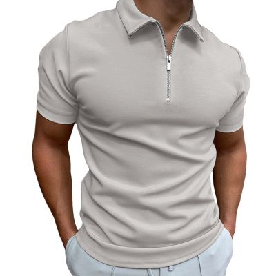 PLUMZJOY Men's Solid Color Short Sleeve Polo Shirt with Zipper, Fashionable Casual Style, Multiple Colors Available