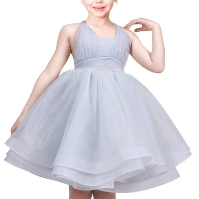 Girls Dress Blue Gray Swing Layered Criss Cross Tie Backless Slip Halter Size 7