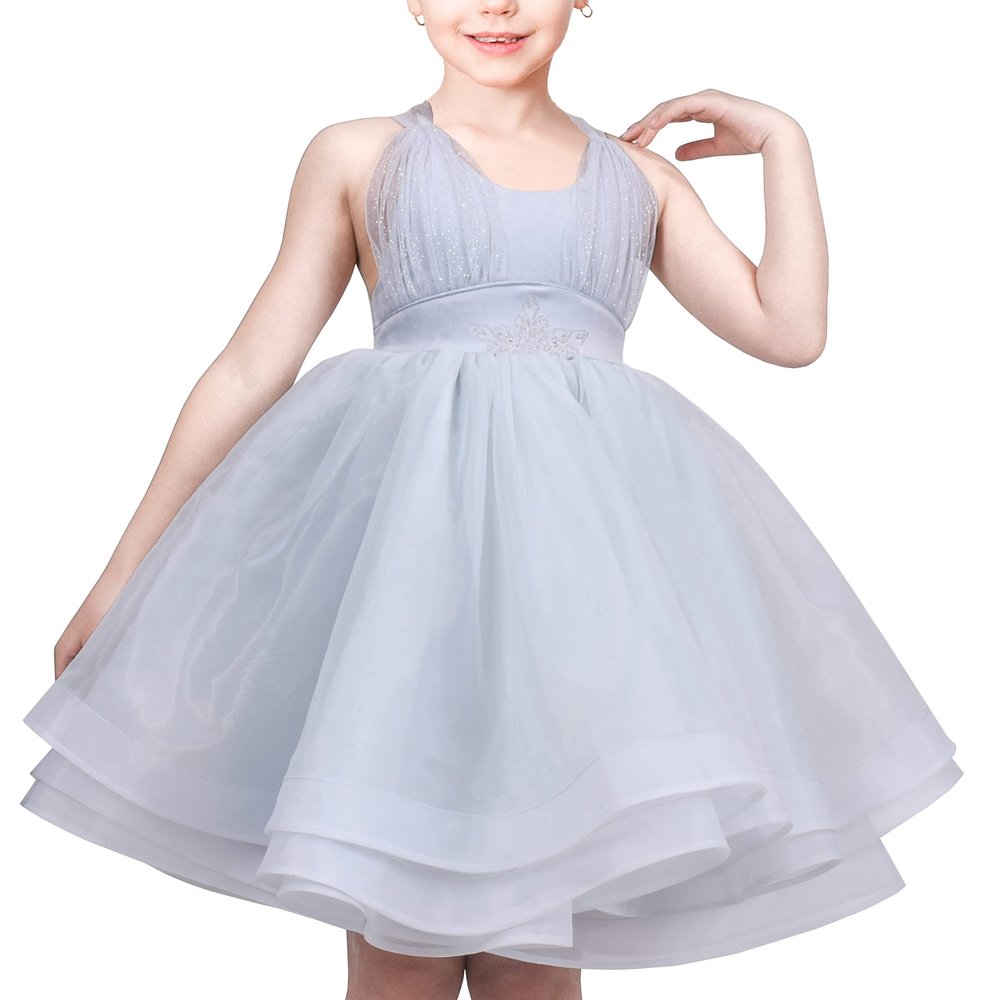 Girls Dress Blue Gray Swing Layered Criss Cross Tie Backless Slip Halter Size 7