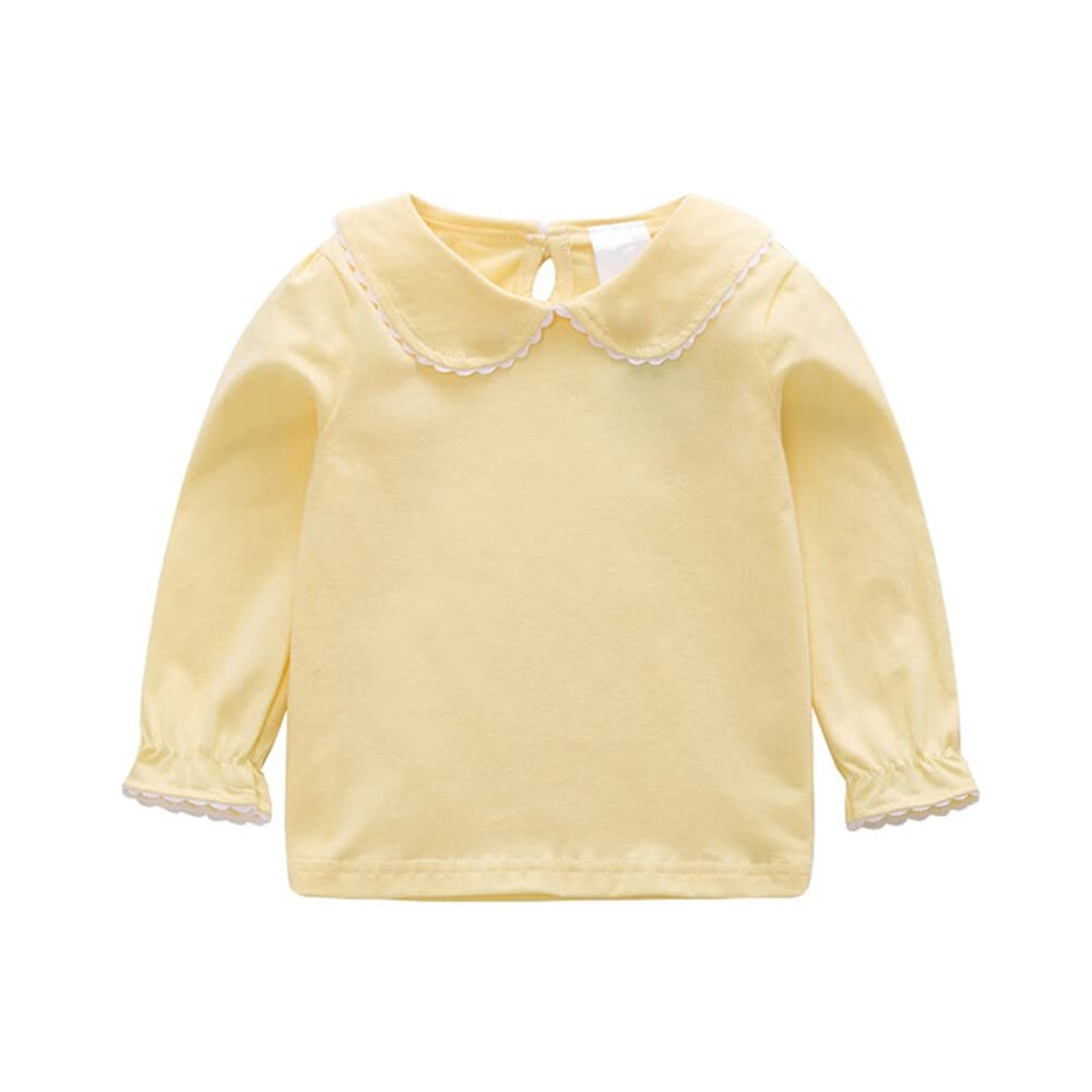 RUKOSU Baby Girl Long Sleeve Blouses Solid Color Doll Collar T-Shirt Toddler Kids Cotton Top Bottom Yellow 18-24 Months
