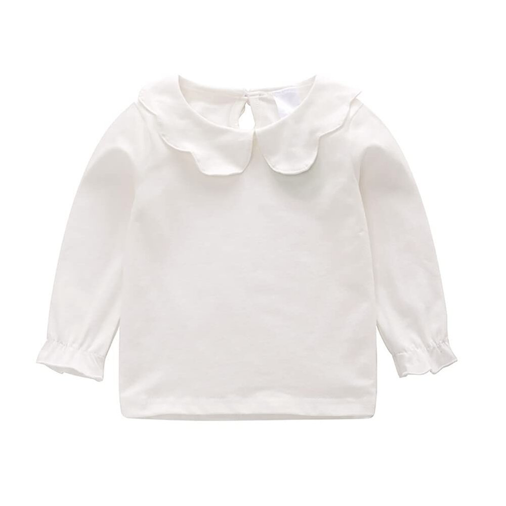 RUKOSU Baby Girl Long Sleeve Blouses Solid Color Doll Collar T-Shirt Toddler Kids Cotton Top Bottom White 5-6T