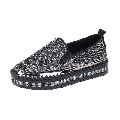 HINDOLA Women's Sparkly Fashion Sneakers Shiny Rhinestone Slip on Flatform Loafers Low Top Bling Casual Walking Shoes B-Black