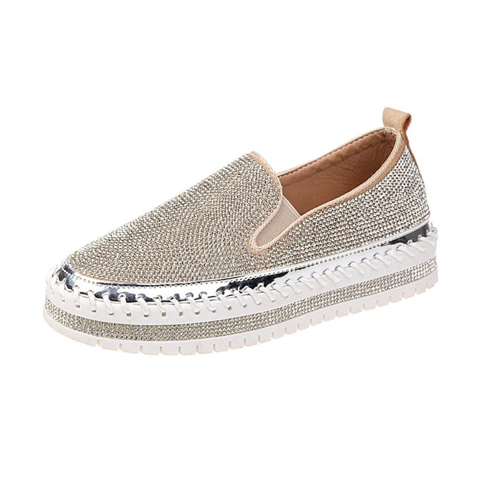 HINDOLA Women's Sparkly Fashion Sneakers Shiny Rhinestone Slip on Flatform Loafers Low Top Bling Casual Walking Shoes Silvery
