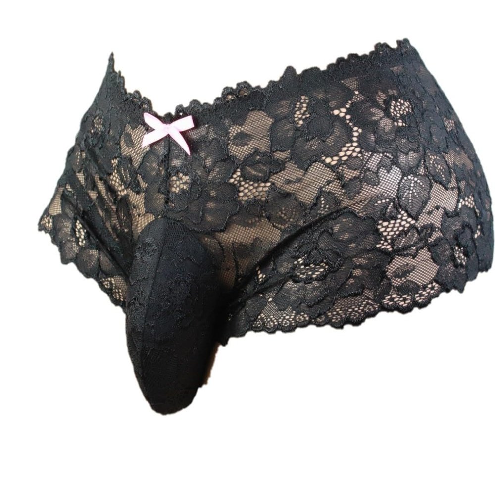 aishani Men's Lingerie Style Underwear - Soft Lace Pouch Briefs Panties,Breathable & Supportive for Everyday Wear,3X-Large Jet-black